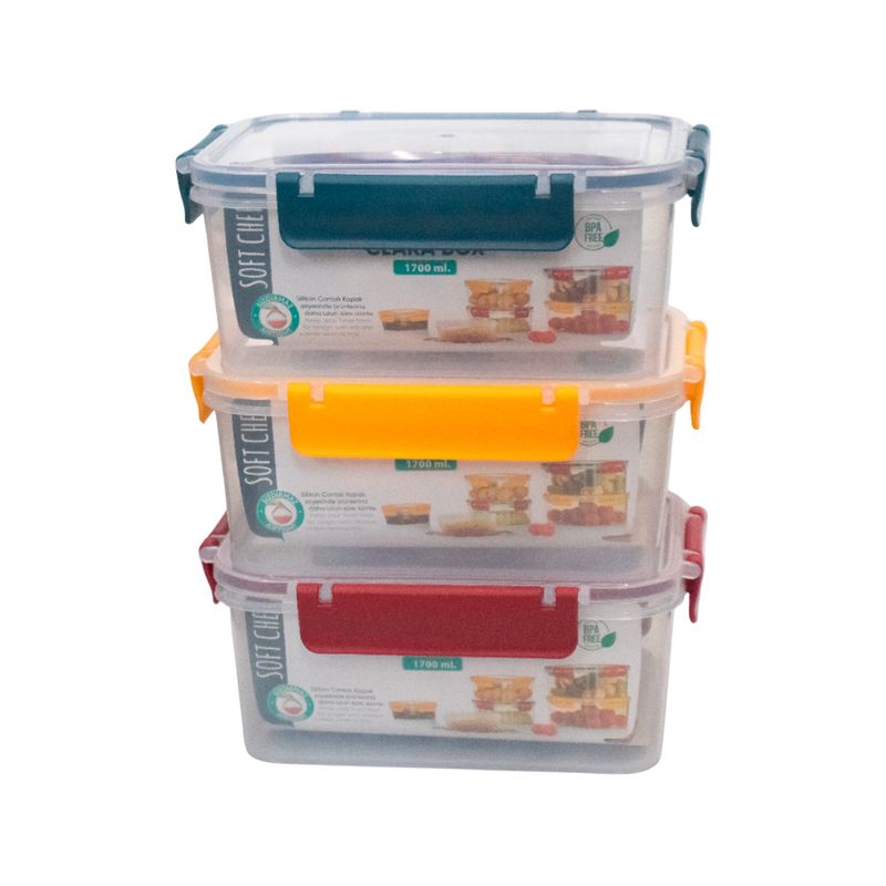 Envase para alimentos 1700 ml transparente, rojo vino, azul y amarillo con tapa Soft Chef Sinsa, tres recipientes apilados