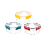 Envase para alimentos 1800 ml transparente, rojo vino, azul y amarillo Sinsa, tres recipientes con tapas de colores distintos