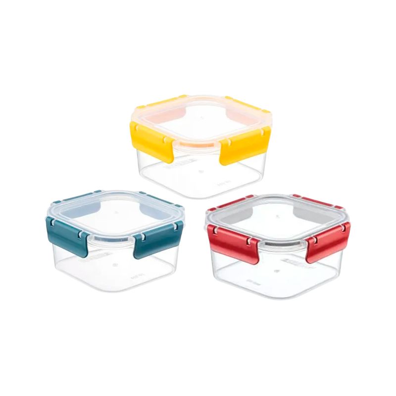 Envase para alimentos 1800 ml transparente, rojo vino, azul y amarillo Sinsa, tres recipientes con tapas de colores distintos