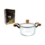 Olla 2.5 l vidrio con tapa Bistró, vista frontal del producto fuera de su caja con asas y pomo de madera