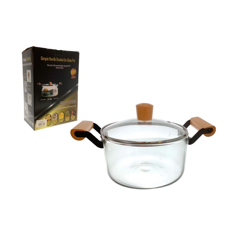 Olla 2.5 l vidrio con tapa Bistró, vista frontal del producto fuera de su caja con asas y pomo de madera