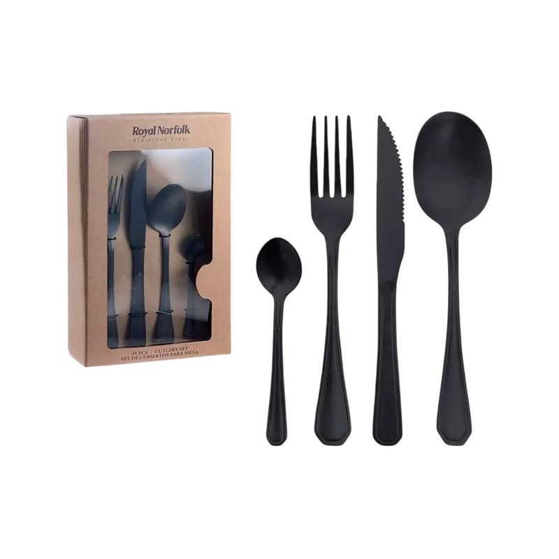 Juego de cubiertos 16 piezas negro acero inoxidable Royal Norfolk, piezas individuales fuera de su caja de cartón