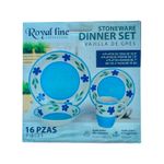 Vajilla 16 piezas gres Royal Line Sinsa, empaque frontal con ilustración de platos y tazas azules con flores