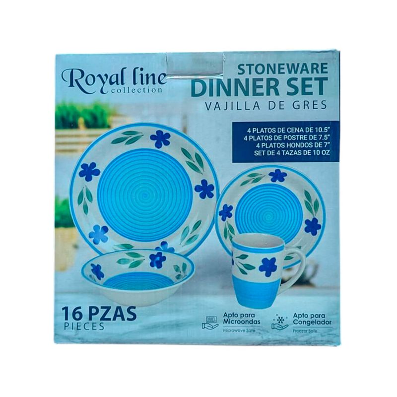 Vajilla 16 piezas gres Royal Line Sinsa, empaque frontal con ilustración de platos y tazas azules con flores