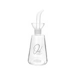 Aceitero de 490 ml vidrio con tapa Life Art, vista frontal del recipiente transparente con pico vertedor y texto Oil