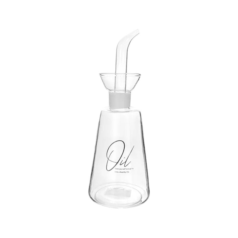 Aceitero de 490 ml vidrio con tapa Life Art, vista frontal del recipiente transparente con pico vertedor y texto Oil