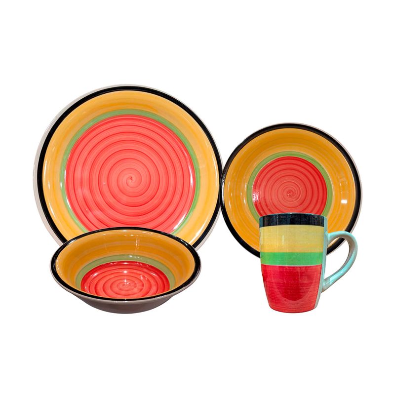 Vajilla 16 piezas gres Royal Line Sinsa, set compuesto por plato llano, plato hondo, tazón y taza con diseño en espiral