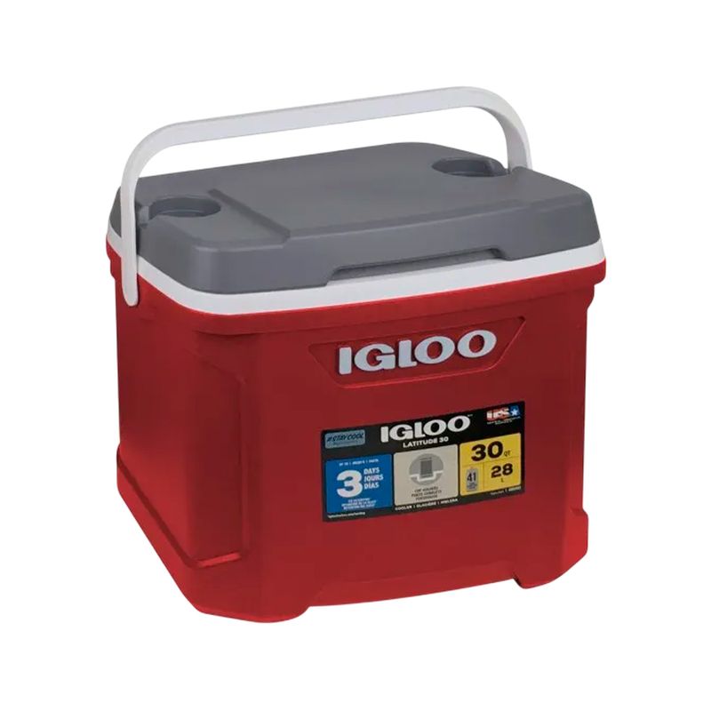 Hielera 30 QT con agarradera rojo Igloo, vista frontal con tapa gris y asa blanca