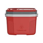 Hielera 20 l rojo Termolar, vista frontal del recipiente con asa gris y logo en la parte inferior