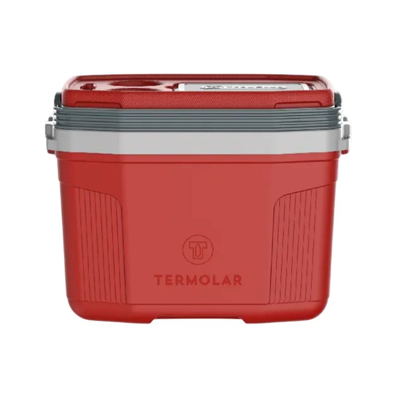 Hielera 20 l rojo Termolar, vista frontal del recipiente con asa gris y logo en la parte inferior