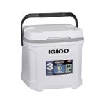 Hielera 30 qt con agarradera blanco Igloo, vista frontal del contenedor con tapa y asa negra