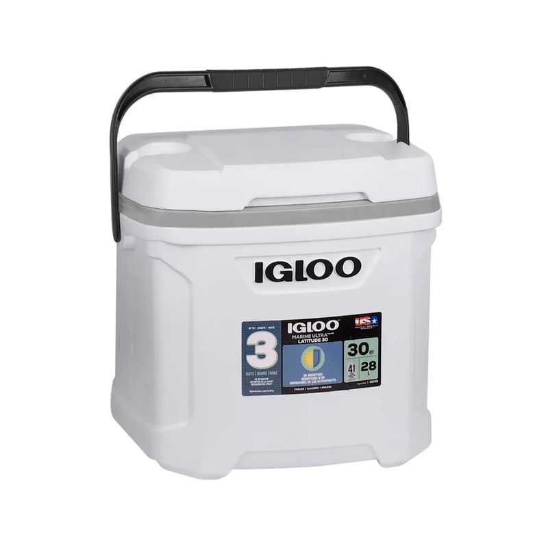 Hielera 30 qt con agarradera blanco Igloo, vista frontal del contenedor con tapa y asa negra
