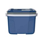 Hielera 32 l azul Termolar, vista frontal del cuerpo azul con tapa y cierres laterales blancos