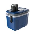 Hielera 32 l azul Termolar, vista frontal con dos vasos negros sobre la tapa y gafas colgadas en el lateral
