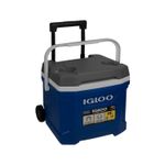Hielera 16 qt de ruedas con agarradera azul Igloo, vista frontal con asa extensible y ruedas negras
