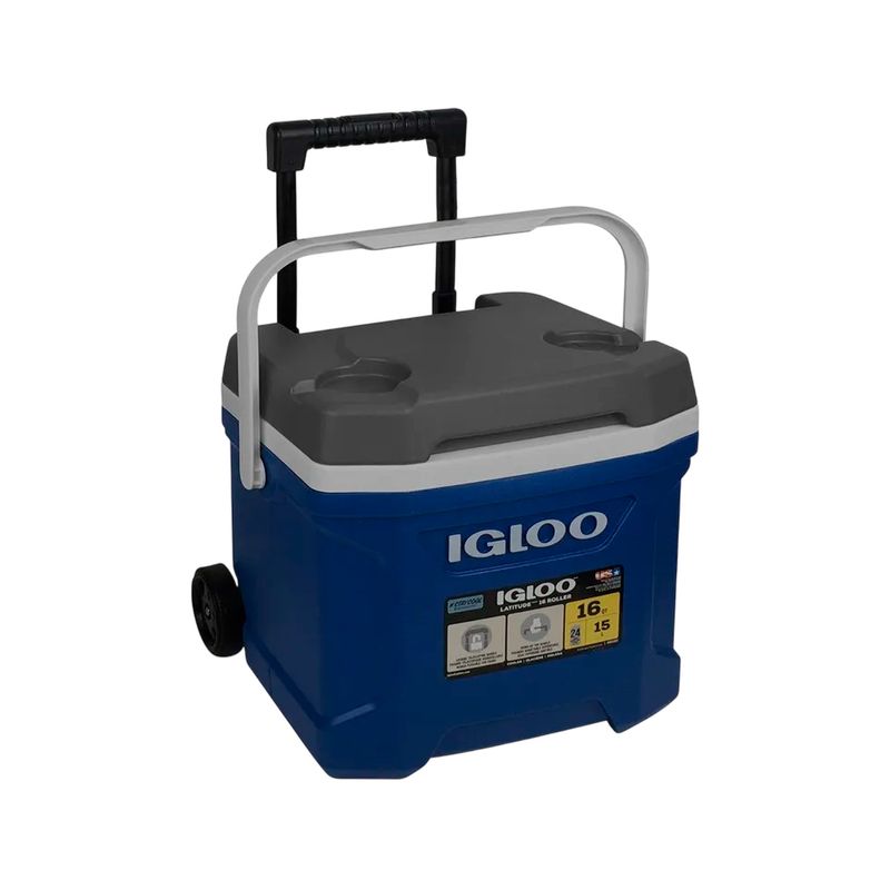Hielera 16 qt de ruedas con agarradera azul Igloo, vista frontal con asa extensible y ruedas negras