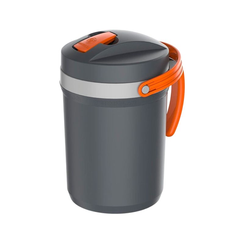 Termo 2.5 l negro Termolar, vista lateral del cuerpo gris oscuro con asa y botón de apertura en color naranja
