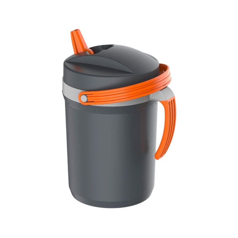 Termo 2.5 L negro Termolar, vista frontal con asa y tapa de color naranja