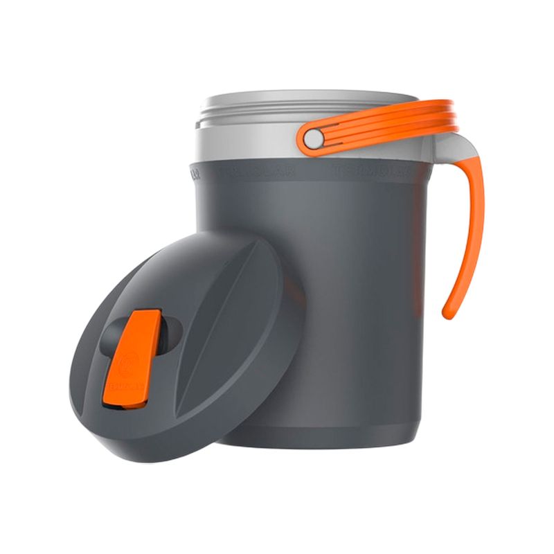Termo 2.5 l negro Termolar, vista lateral con tapa abierta y asa de color naranja