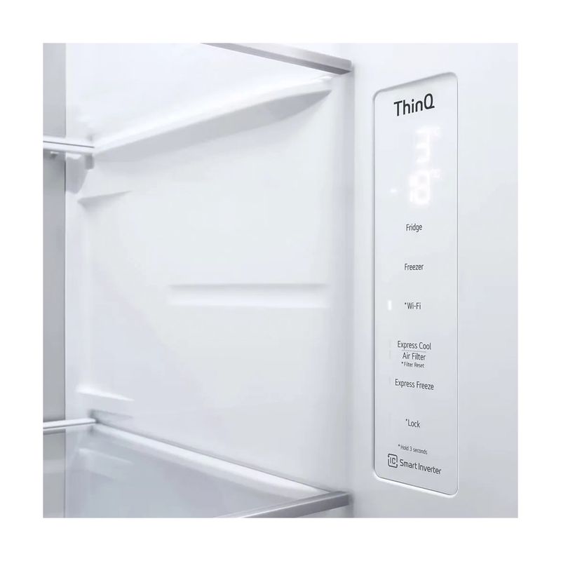 Refrigerador inverter Instaview SBS 694 L silver LG, primer plano del panel de control táctil ThinQ y ajustes de temperatura