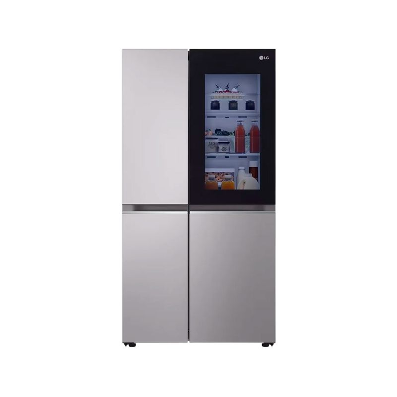 Refrigerador inverter Instaview SBS 694 L silver LG, vista frontal con panel de vidrio transparente que muestra el interior