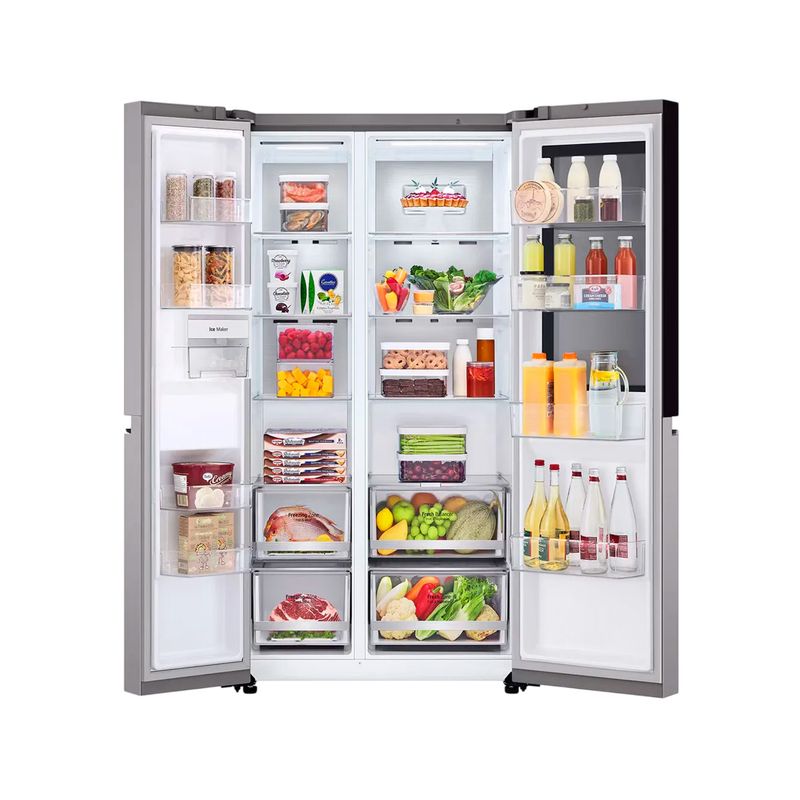 Refrigerador inverter Instaview SBS 694 L silver LG, puertas abiertas mostrando el interior lleno de alimentos y bebidas