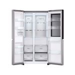 Refrigerador inverter Instaview SBS 694L silver LG, vista frontal con puertas abiertas mostrando el interior y estantes