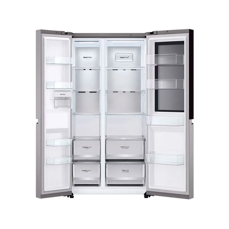 Refrigerador inverter Instaview SBS 694L silver LG, vista frontal con puertas abiertas mostrando el interior y estantes