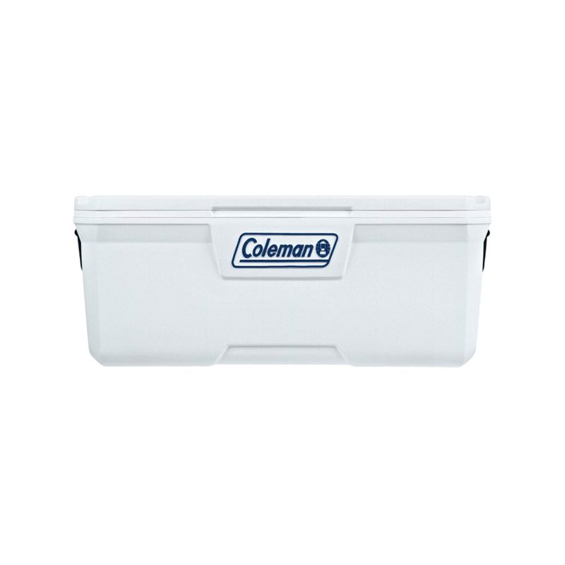 Hielera serie 316 150 qt blanca Coleman, vista frontal del producto con logotipo azul en el centro