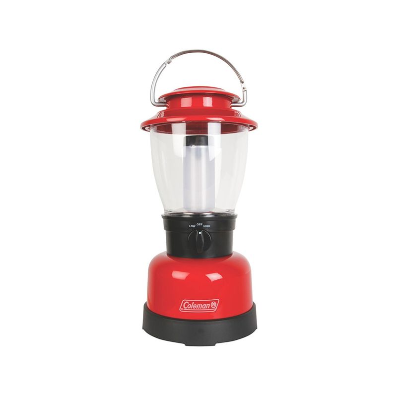 Lámpara LED 400 lúmenes Coleman, color rojo con base negra, asa metálica y dial de control de intensidad