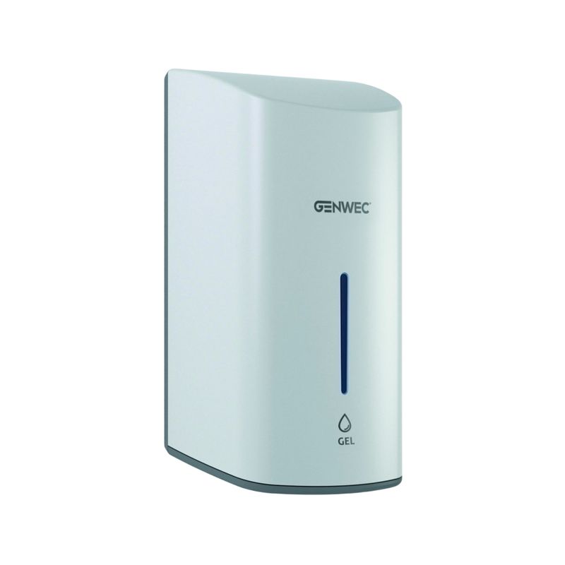 Dosificador automático de jabón gel 1100 ml blanco Genwec, vista frontal con visor de nivel azul y logo de la marca