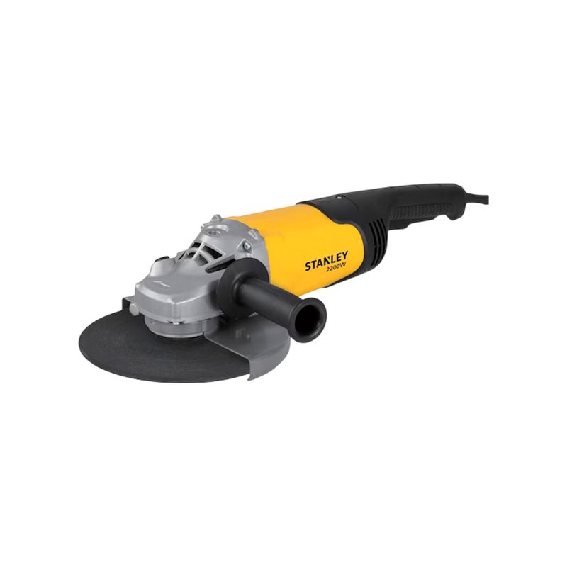 Esmeriladora angular eléctrica Stanley de 7 pulgadas y 2200 W, vista lateral con cuerpo amarillo y disco negro