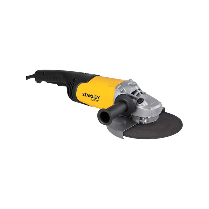 Esmeriladora angular eléctrica Stanley de 7 pulgadas y 2200 W, vista lateral completa con mango auxiliar y disco