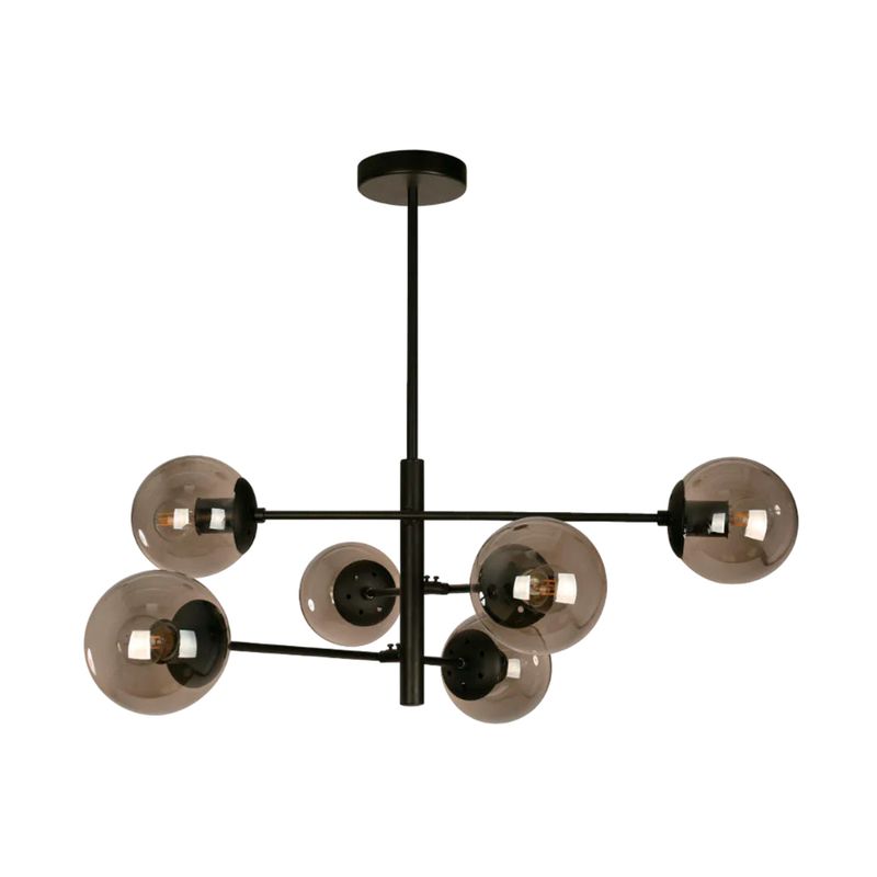 Luminaria colgante Gala negro 6L E27 40W Ike Lite Designers Lighting, vista frontal con globos de vidrio ahumado