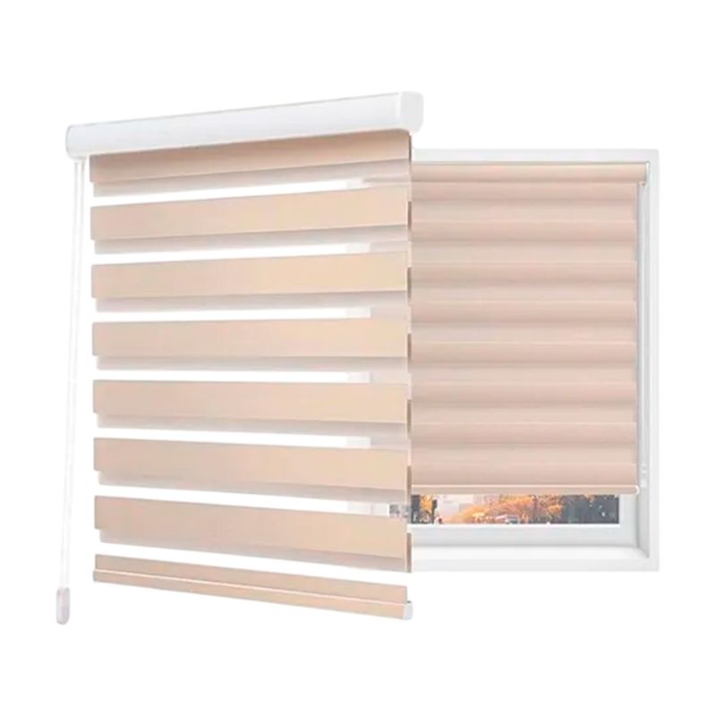 Cortina roller Eclipse 120x180 beige Sinsa, vista frontal instalada en ventana con franjas horizontales alternas