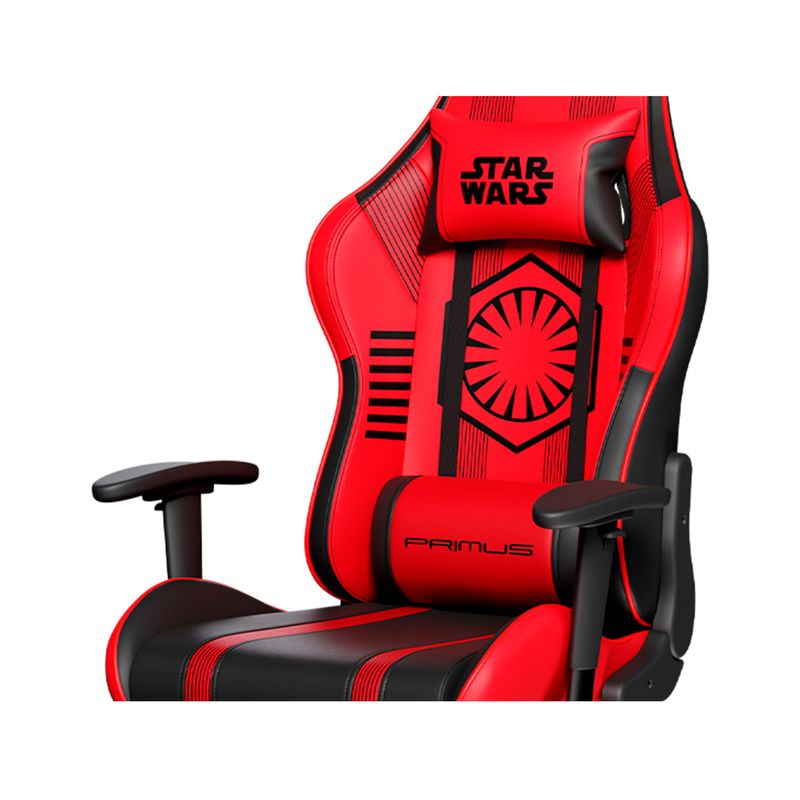 Silla gamer negro-rojo Sith Trooper 100T Primus, vista frontal del respaldo con cojín de Star Wars y logo de Primus