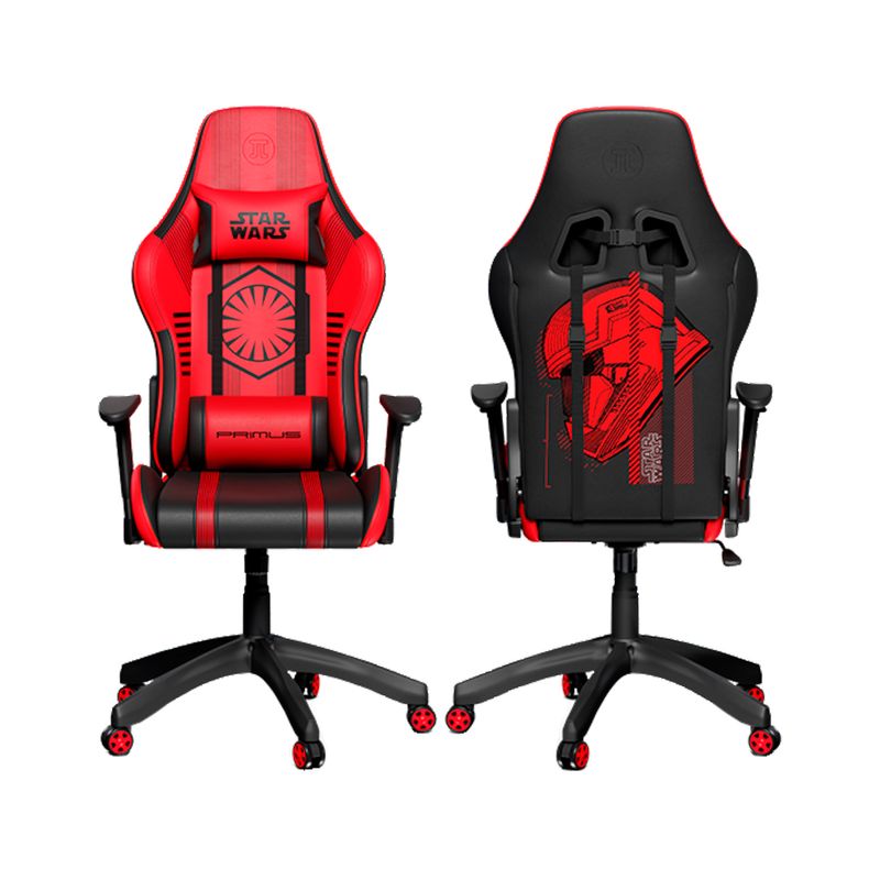 Silla gamer negro-rojo Sith Trooper 100T Primus, vista frontal y posterior del asiento con detalles de Star Wars