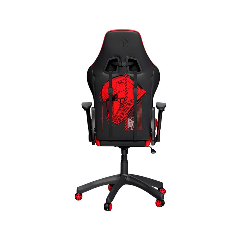 Silla gamer negro-rojo Sith Trooper 100T Primus, vista frontal con ilustración de casco rojo y ruedas con detalle rojo