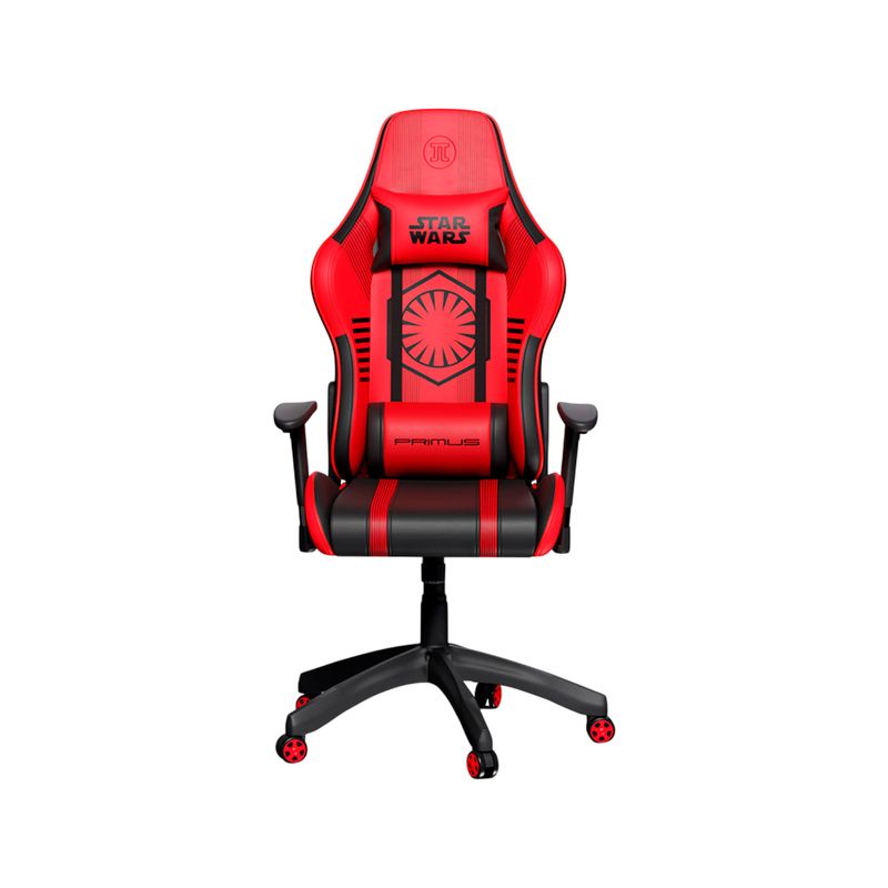 Silla gamer negro-rojo Sith Trooper 100T Primus, vista frontal completa con logo de Star Wars y base con ruedas rojas