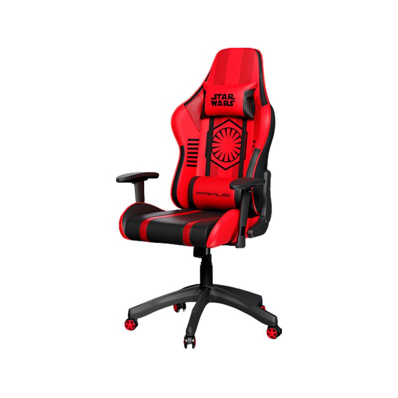 Silla gamer negro-rojo Sith Trooper 100T Primus, vista diagonal completa con cojín lumbar y cervical