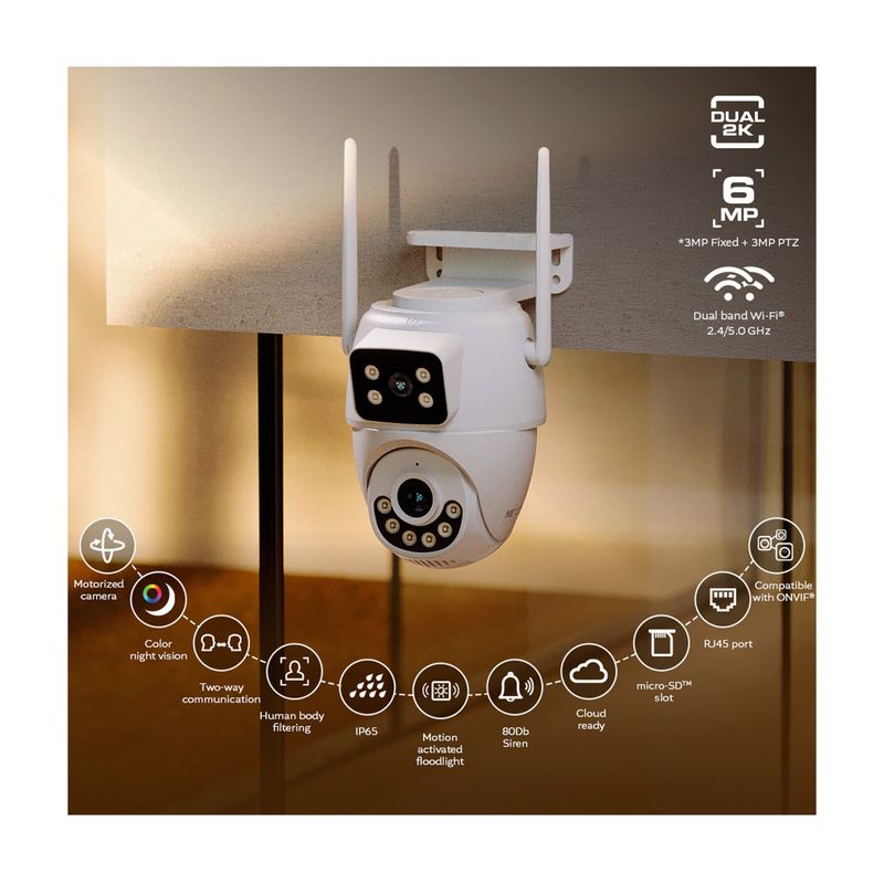 Cámara smart de exterior motorizada doble lente Nexxt, gráfico con iconos de funciones técnicas y el producto instalado