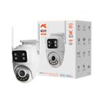 Cámara smart de exterior motorizada doble lente Nexxt, equipo blanco junto a su caja con especificaciones técnicas