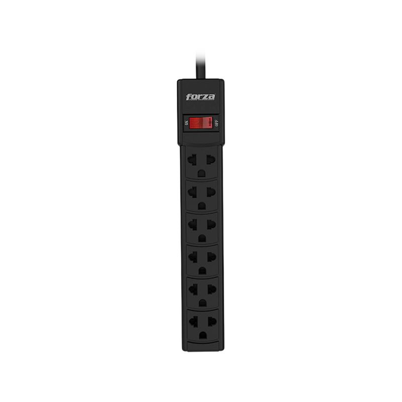 Regleta eléctrica tomacorriente universal 6 salidas 110 V negra Forza, vista frontal completa con interruptor rojo
