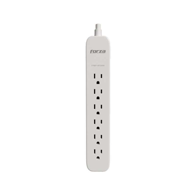 Regleta eléctrica con supresor 6 salidas 110 V blanco Forza, vista frontal del cuerpo alargado con los enchufes