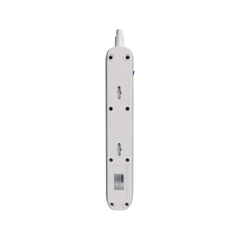 Regleta eléctrica con supresor 6 salidas 110 V blanco Forza, vista posterior con orificios para montaje en pared