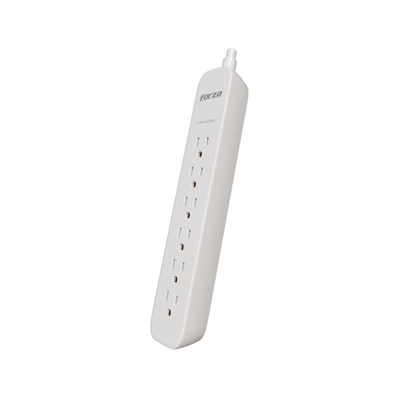 Regleta eléctrica con supresor 6 salidas 110 V blanco Forza, vista lateral en ángulo que muestra el cuerpo y el cable