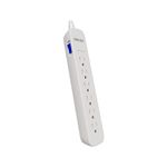 Regleta eléctrica con supresor 6 salidas 110 V blanco Forza, vista lateral en ángulo que muestra el interruptor azul