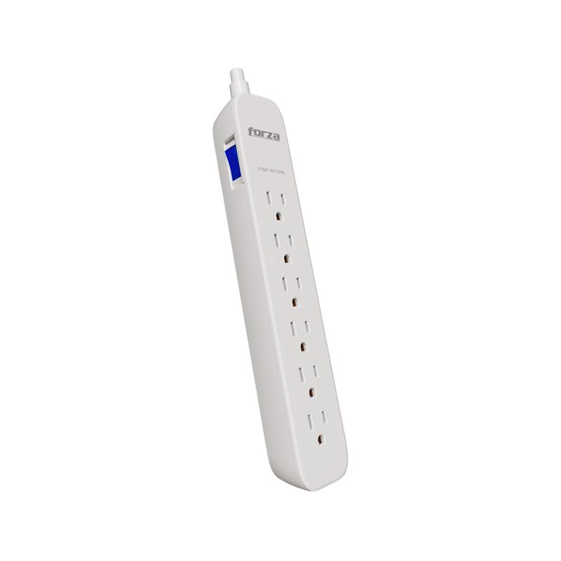 Regleta eléctrica con supresor 6 salidas 110 V blanco Forza, vista lateral en ángulo que muestra el interruptor azul