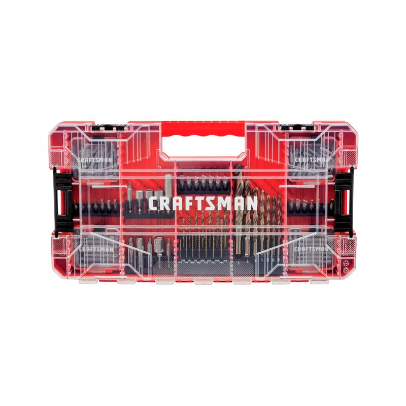 Set puntas y brocas 150 piezas Craftsman, maletín rojo abierto con todas las piezas organizadas en compartimentos
