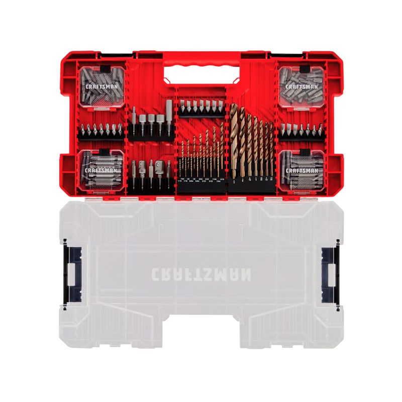 Set puntas y brocas 150 piezas Craftsman, estuche rojo abierto con todas las piezas organizadas en sus compartimentos